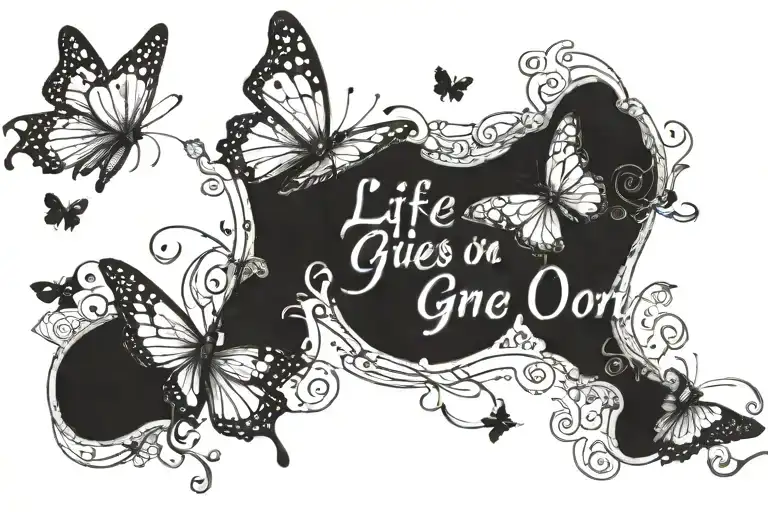 "Life Goes On" in cursive with 4 butterflies flying together tattoo design idea