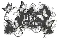 "Life Goes On" in cursive with 4 butterflies flying together tattoo design idea