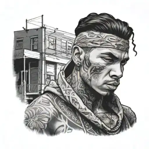 A black and grey portrait of a fierce-looking gang member with tattoos and a bandana, standing in front of a block of buildings tattoo design idea