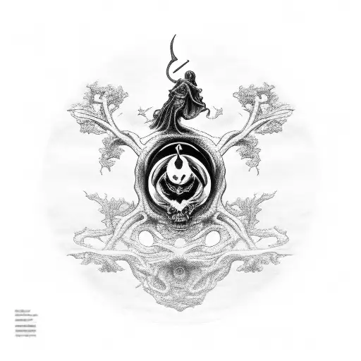 Grim Reaper standing in yggdrasil with a ying yang sign a aries sign half detailed a pocketwacht that shows17-04 09:11 tattoo design idea