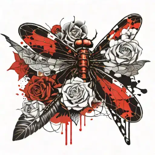 Dragonfly white rose tattoo design idea