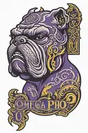 omega psi phi text with bulldog head tattoo design idea