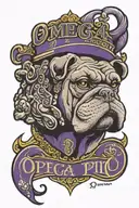 omega psi phi text with bulldog head tattoo design idea