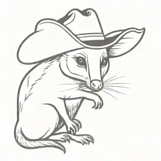 black and white possum wearing periwinkle cowboy hat tattoo design idea