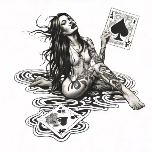 skinny nude girl, small breast, long straight brown hair wet, in ecstasy, aces of spades, black men tattoo design idea