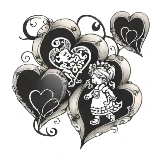 3 hearts with children's names Liza Artyom Eva tattoo design idea