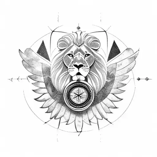 lion with wings surrounded by plane, mountains and compass tattoo design idea
