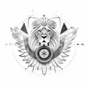 lion with wings surrounded by plane, mountains and compass tattoo design idea
