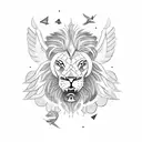 lion with wings surrounded by plane, mountains and compass tattoo design idea