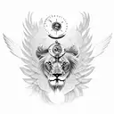 lion with wings surrounded by plane, mountains and compass tattoo design idea