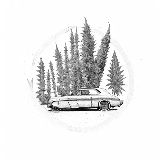 A vintage car with dollar signs as wheels, driving through a mountainous landscape with marijuana plants growing alongside the road tattoo design idea