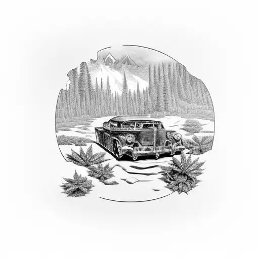 A vintage car with dollar signs as wheels, driving through a mountainous landscape with marijuana plants growing alongside the road tattoo design idea
