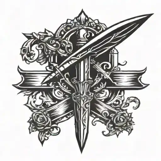 dagger with heart on the hilt and small wings on the hilt, the knife part is simple tattoo design idea