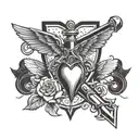 dagger with heart on the hilt and small wings on the hilt, the knife part is simple tattoo design idea