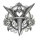 dagger with heart on the hilt and small wings on the hilt, the knife part is simple tattoo design idea