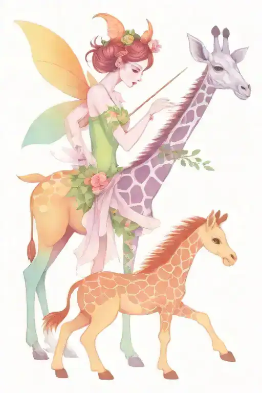 fairy and giraffe playing tattoo design idea