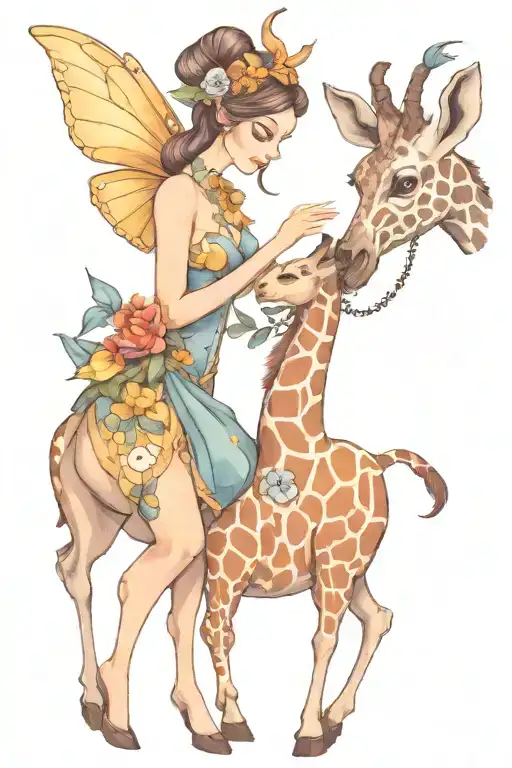 fairy and giraffe playing tattoo design idea
