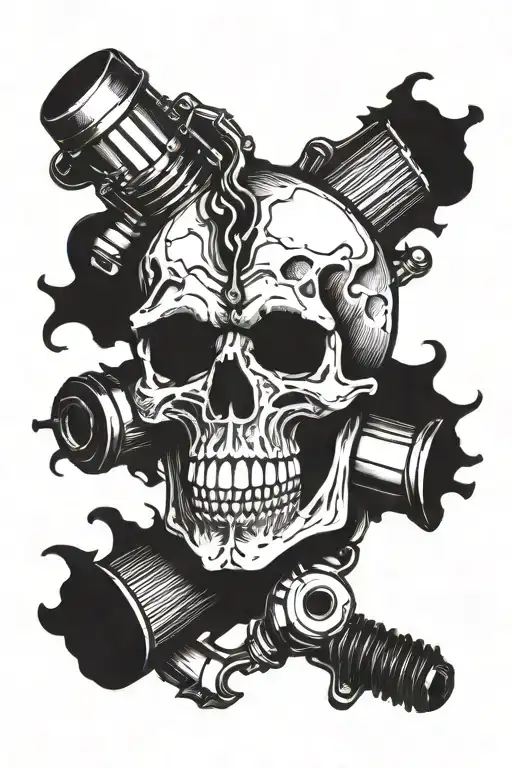 Skull biting a spark plug tattoo design idea