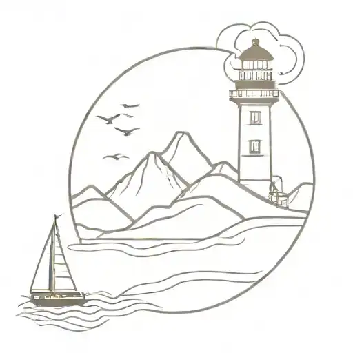 mountain and ocean with lighthouse tattoo design idea