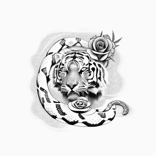sleeve combing coconut tree, tiger, & rose with snake tattoo design idea
