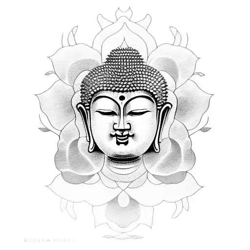 buddha face with Japanese houses flowers  tattoo design idea