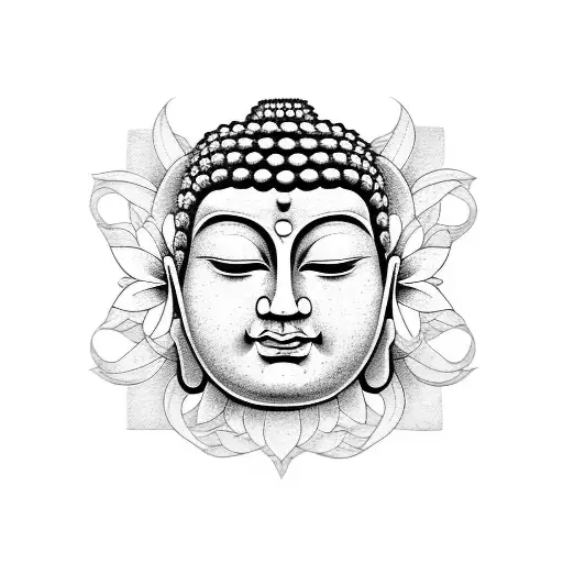 buddha face with houses and flowers  tattoo design idea