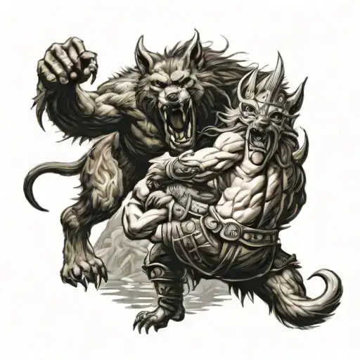 fenrir fighting tyr, dwarves in background fighting trolls tattoo design idea