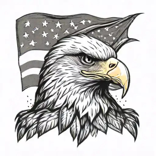 Portrait of a stoic bald eagle with a background of a waving American flag, symbolizing strength and patriotism tattoo design idea