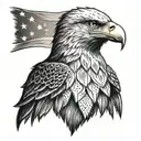 Portrait of a stoic bald eagle with a background of a waving American flag, symbolizing strength and patriotism tattoo design idea