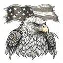 Portrait of a stoic bald eagle with a background of a waving American flag, symbolizing strength and patriotism tattoo design idea