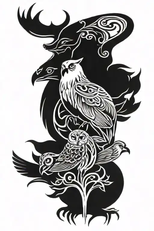 totem spirit owl, otter, deer and snow goose stacked vertical black and white tattoo tattoo design idea