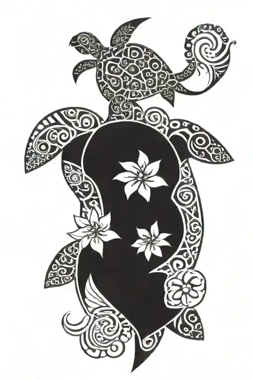 Hawaiian tribal with flower and turtle  tattoo design idea