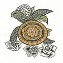 Hawaiian tribal with turtle and flower tattoo design idea