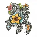 Hawaiian tribal with turtle and flower tattoo design idea