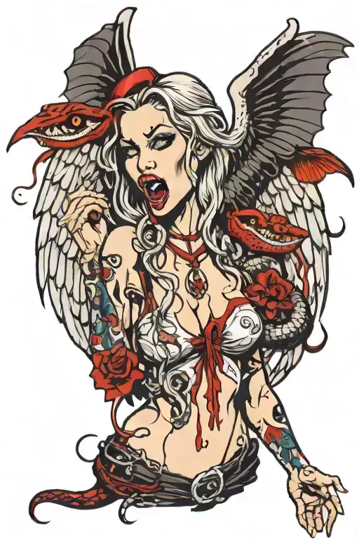 female vampire angel with tongue out dripping blood and snake tattoo design idea