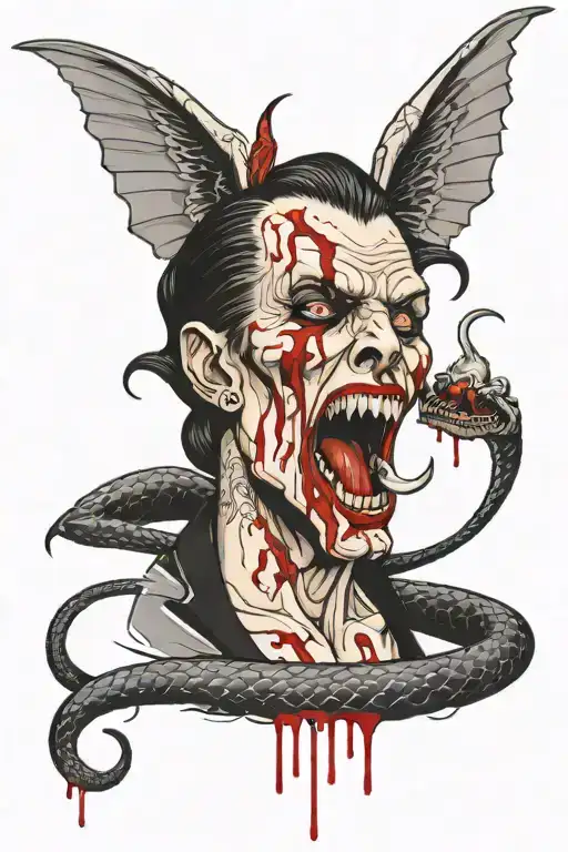 vampire angel with tongue out dripping blood and snake tattoo design idea