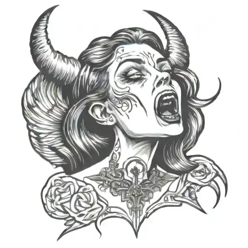 vampire angel with tongue out and blood dripping tattoo design idea