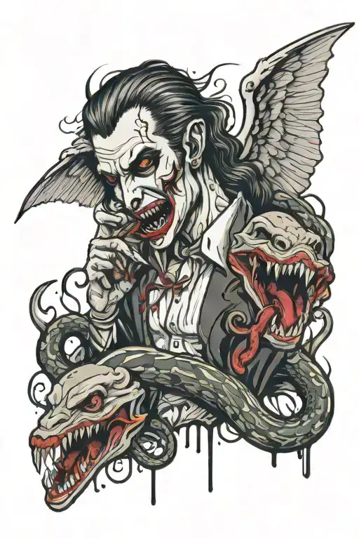 vampire angel with tongue out dripping blood and snake tattoo design idea