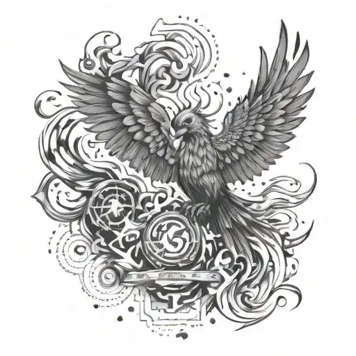 A phoenix rising from the ashes with Post Malone song lyrics written in the smoke, surrounded by video game symbols tattoo design idea