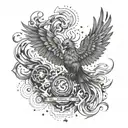 A phoenix rising from the ashes with Post Malone song lyrics written in the smoke, surrounded by video game symbols tattoo design idea
