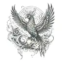 A phoenix rising from the ashes with Post Malone song lyrics written in the smoke, surrounded by video game symbols tattoo design idea