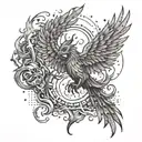 A phoenix rising from the ashes with Post Malone song lyrics written in the smoke, surrounded by video game symbols tattoo design idea