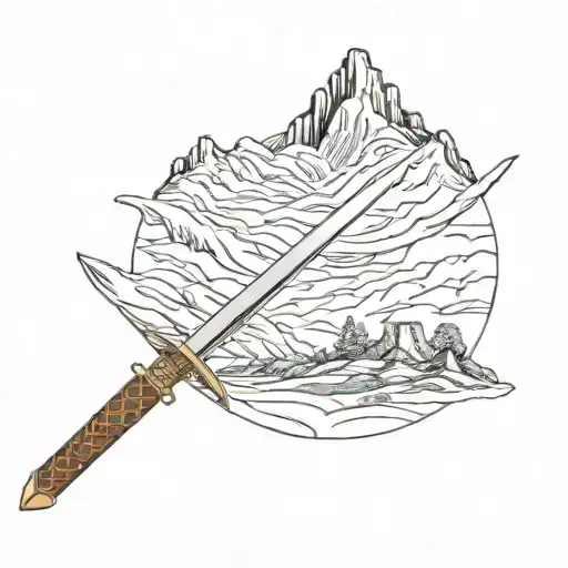 talwar sword and mountain landscape tattoo design idea