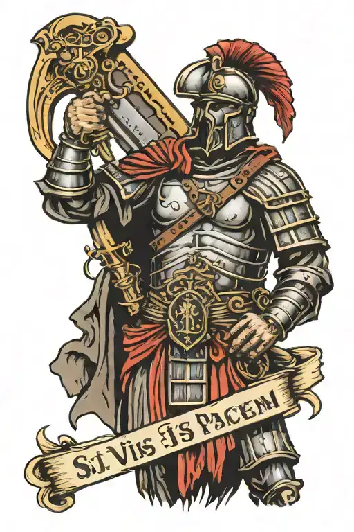 Si vis pacem, para bellum with roman soldier standing tattoo design idea