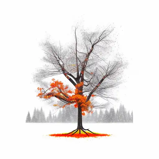 A large fall tree turning orange and red and yellow with a swing tied to one of its branches. The tree has large roots t tattoo design idea