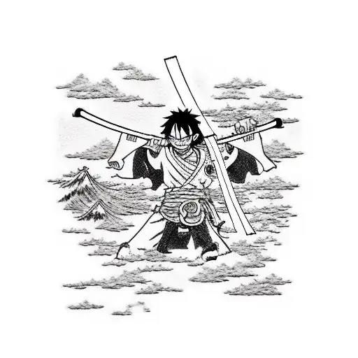 Luffy from one piece dressed as a samurai holding a katana over his shoulder while looking at the ocean tattoo design idea