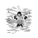 Luffy from one piece dressed as a samurai holding a katana over his shoulder while looking at the ocean tattoo design idea