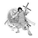 Luffy from one piece dressed as a samurai holding a katana over his shoulder while looking at the ocean tattoo design idea