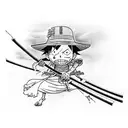 Luffy from one piece dressed as a samurai holding a katana over his shoulder while looking at the ocean tattoo design idea
