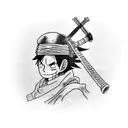 Luffy from one piece dressed as a samurai holding a katana over his shoulder while looking at the ocean tattoo design idea